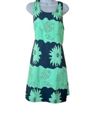Vintage Rima Womens Tank Dress Green Black Fish Floral Print Silky Terryvoile L